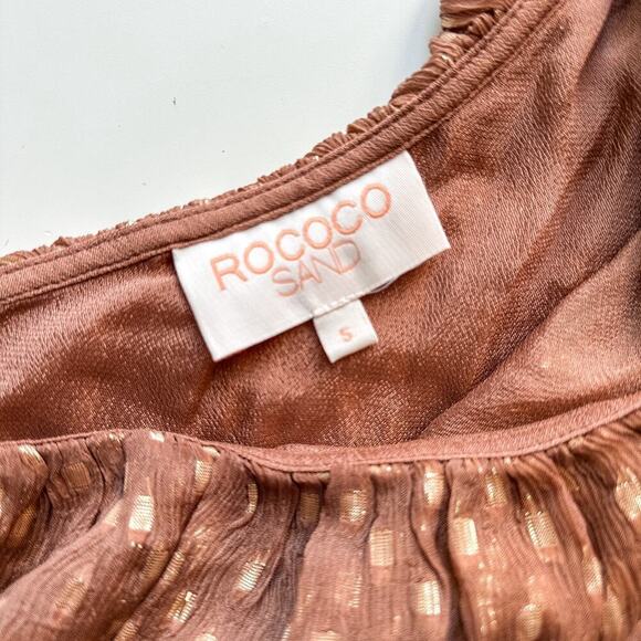 Rococo Sand Aine One Shoulder Mini Chiffon Ruffle Dress Tan Gold Small - Picture 11 of 14